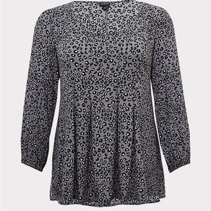Grey Leopard Pleated Fit & Flare Blouse